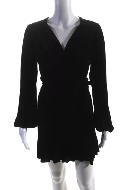 Misa Womens Velvet Ruffled Trim Long Sleeve V-Neck Tie Wrap Dress Black Size XS