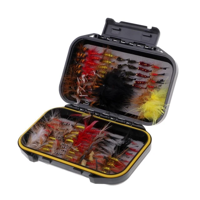 Boîte d' hameçons anciens, mouches, leurres de pêche à la mouche avec