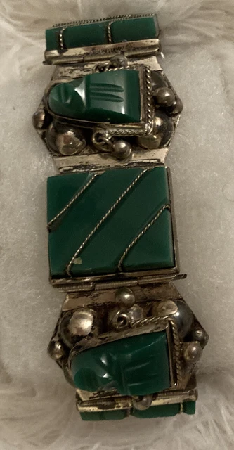 Vtg Mexico Taxco 40’s Carved Jade Sterling Silver 925 Link Bracelet & Earrings