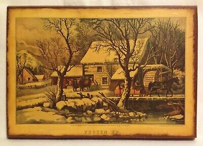 Vintage decoupage of charming Courier and Ives print  'Frozen Up" on solid wood 