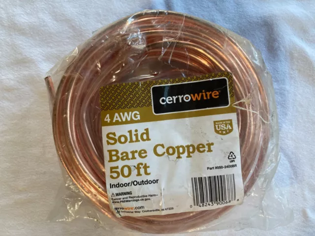 Cerrowire 050-2400BR 4 AWG Gauge Solid Bare Copper Grounding Wire, 50 ft