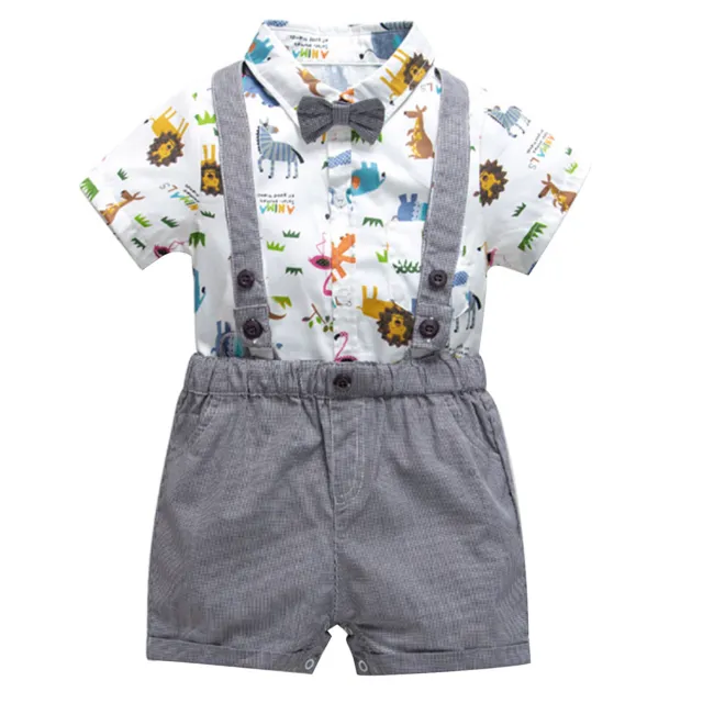 Baby Boy Outfits Gentleman Formal Bowtie Cartoon Romper Suspender Shorts Clothes