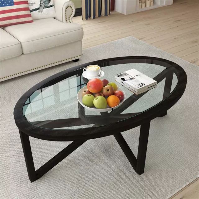 Modern Coffee Table Black Wood Base & Oval Tempered Glass Top for Living Room