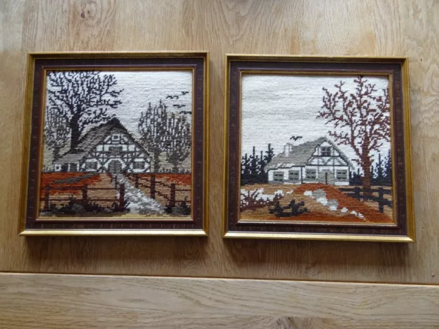 Gobelin Stickbild mit Holzrahmen Handarbeit Bauernhäuser 2 Bilder