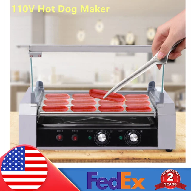 110V Hot Dog Maker Commercial 18 Hot Dog 7 Roller Grill Cooker w/ Glass Cover