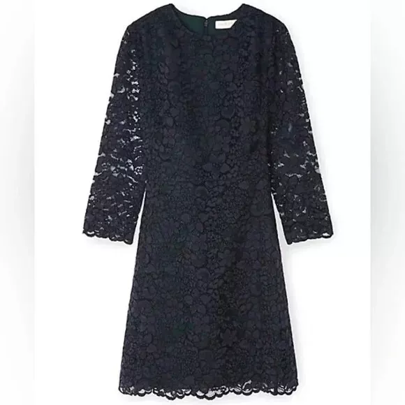 Tory Burch Lace Floral Lined 3/4 Sleeves Cocktail Mini Dress Size 10 Navy Blue