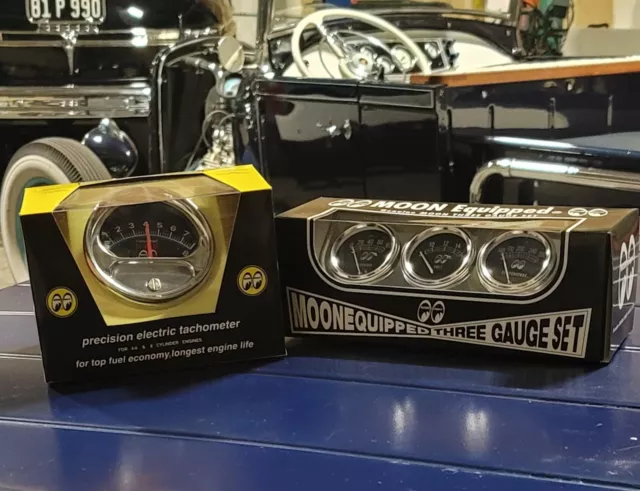 MOONeyes 8k TACHOMETER & Mechanical 3 GAUGE set HOT ROD Custom GASSER moon NHRA