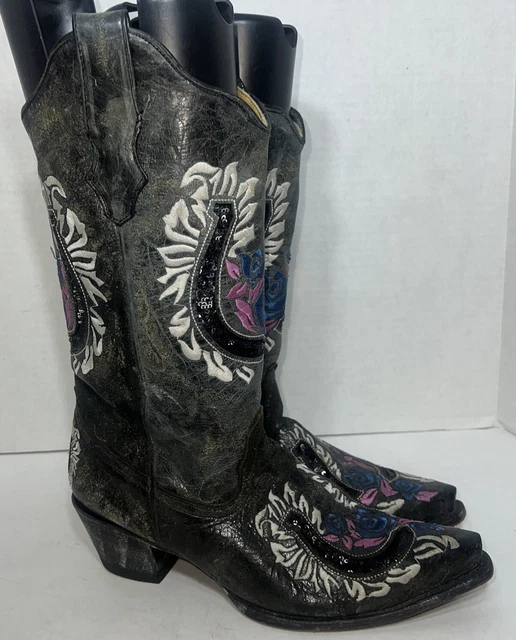 Corral Black Pink Size 8.5 Horseshoe Embroidered Leather Boots Coastal Cowgirl