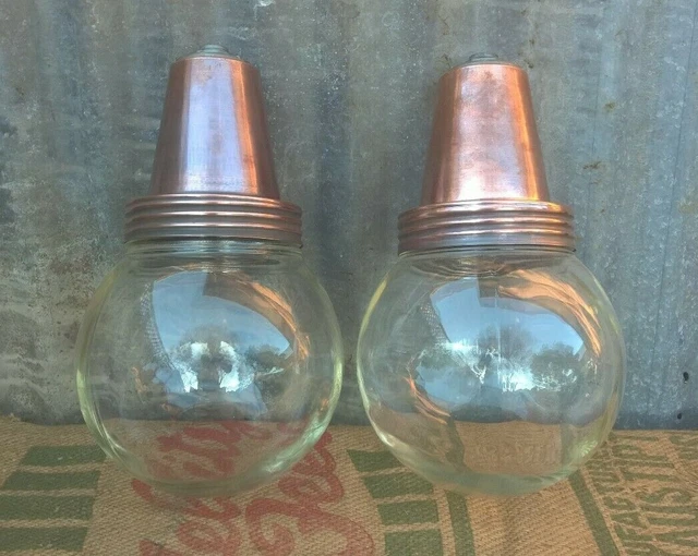Vintage Art Deco Copper & Glass Industrial Factory Ceiling Light Fitting Lamp