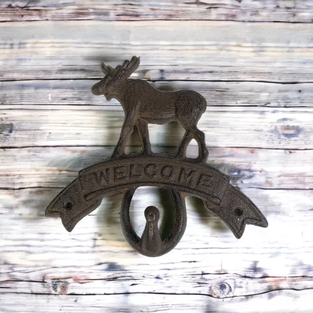Moose Welcome Sign Cast Iron Hook Coat Hat Key Cabin Hunting Cave Lodge Gift