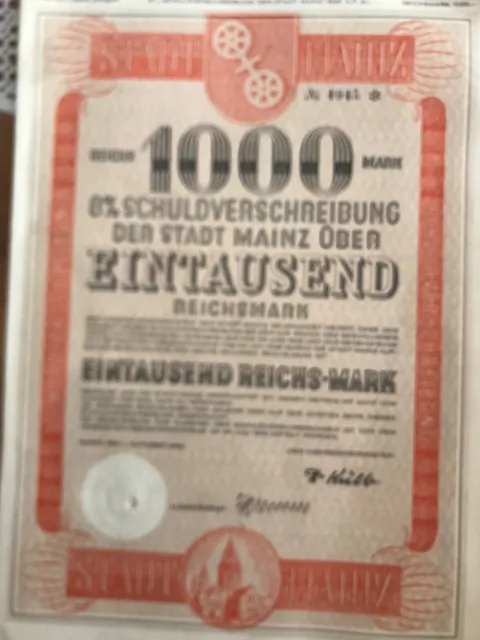 Schuldverschreibung Stadt Mainz 1000 RM 1928