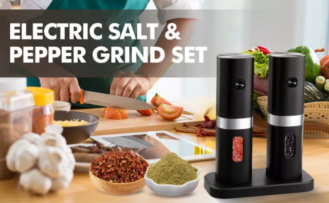 2xAdjustable Gravity Electric Salt and Pepper Grinder Set LED Salt