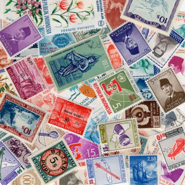 Indonésie 100 timbres de collection tous différents.