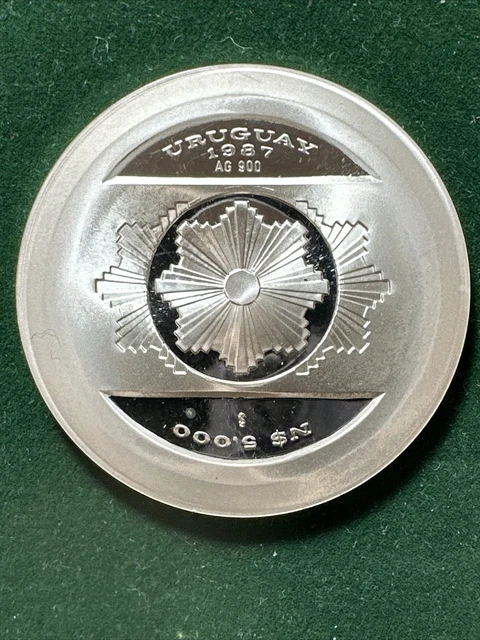 URUGUAY 1987 Silver Coin 5000 PESOS Central Bank 20 Years Jubilee Sun of May