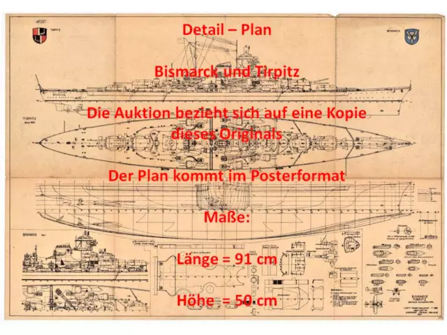 Bismarck - Tirpitz / Schlachtschiff - Plan im Posterformat 91 x 50 cm