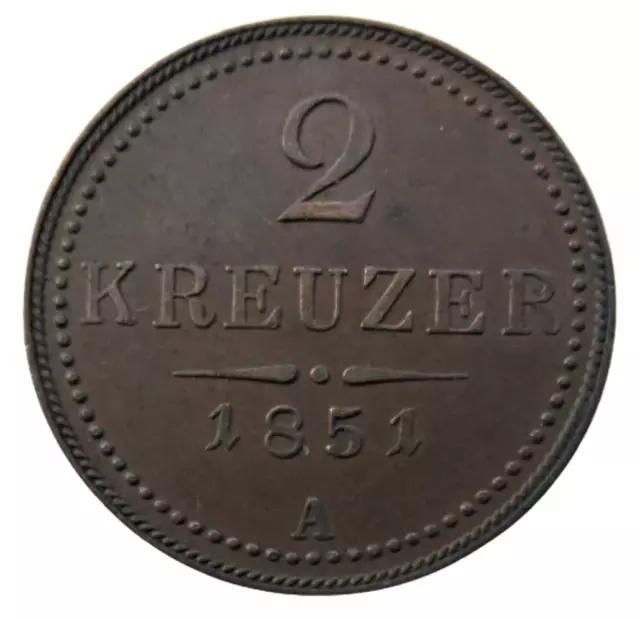 1851-A Austria 2 Kreuzer Coin Nice Condition