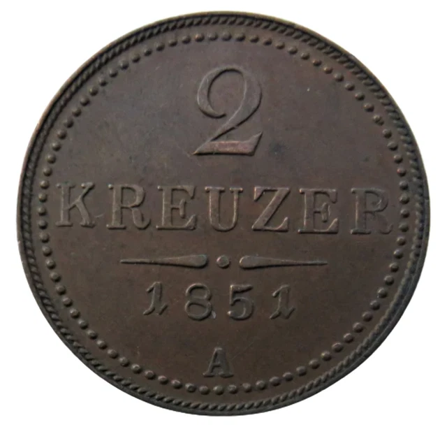 1851-A Austria 2 Kreuzer Coin Nice Condition