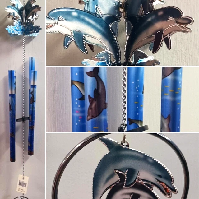 Metal Dolphin Wind Chimes And Painted Dolphin Scene On Chimes And Dolphin Bottom
