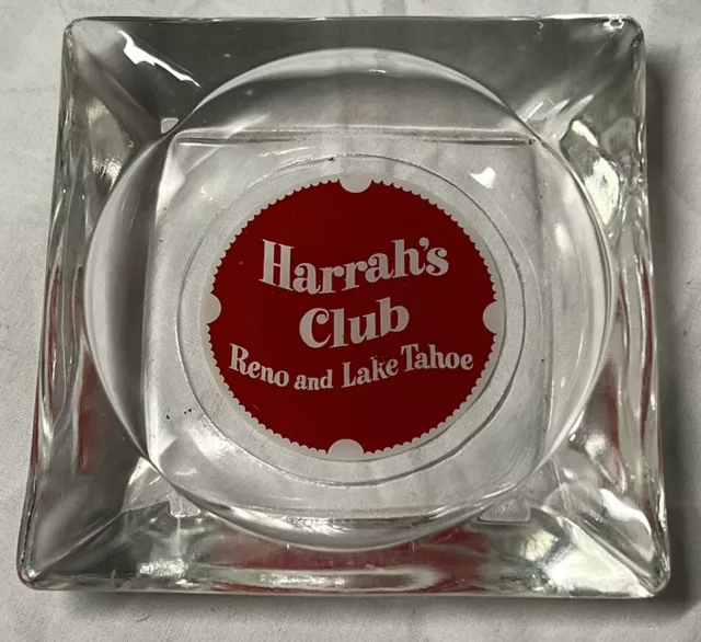 Vintage Harrah’s Club Ashtray Reno And Lake Tahoe Casino Clear Red Square