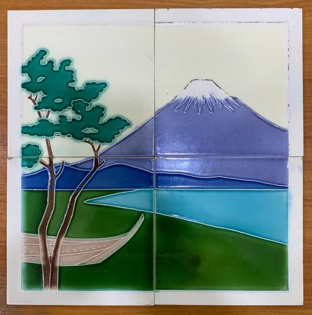 Tiles mountain scene japan 4 pcs antique vintage rare majolica art deco