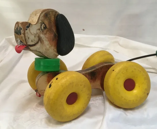 Fisher Price WOBBLES Dog # 130 Wooden Pull Toy Wheels Puppy 14" Vintage 1964