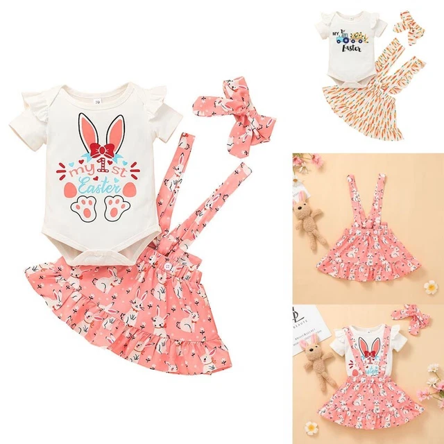 Newborn Baby Girls Rabbit Print Outfits Romper Dress Headband Set Easter Clothes