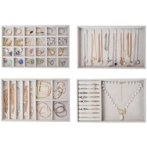 Set of 4 Stackable Jewelry Organizer Trays for Drawers, Jewelry Drawer 1- Grey