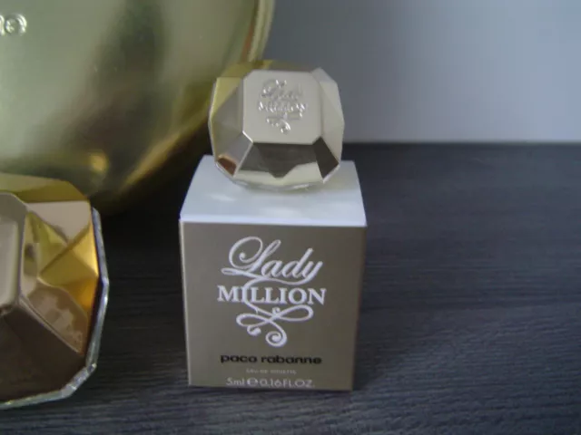 2 Flakons leer, Lady Million von Paco Rabanne, nummerierte Dekodose + Miniatur 3