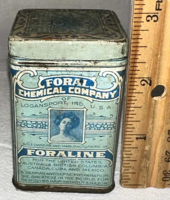 Antique Foraline Skin Medicine Female Hair Removal Tin Litho Can Logansport Ind