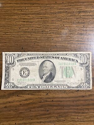 1934-A Ten Dollar Bill $10 Green Seal Federal Reserve Note Old U.S. Currency