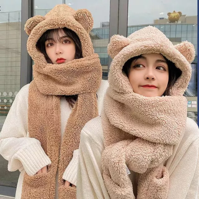 Cute Hat Scarf Gloves 3 In 1 Set Bear Ear Fleece Winter Warm Hooded Earflap Girl