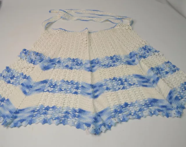 Vintage  Half Apron Crocheted Lace Blue White Chevron Hand Made