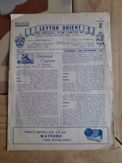 Leyton Orient V Watford Sat 24th September 1955 Div 3 South Programme