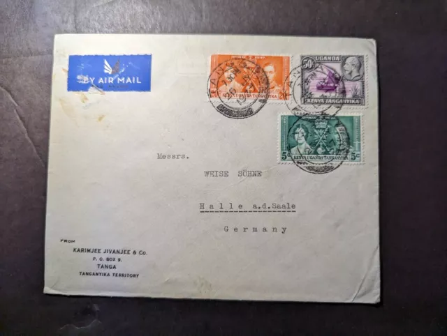 1937 British KUT Airmail Cover Tanga Uganda to Halle Saale Germany