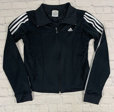 Adidas Track Jacket Black Three Stripe Full Zip Girls Fitted Size M Medium