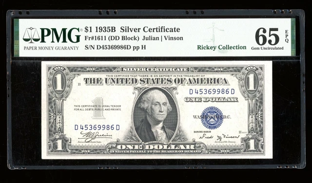 DBR $1 1935B Silver Vinson Gem DD Block Fr. 1611 PMG 65 EPQ Serial D45369986D