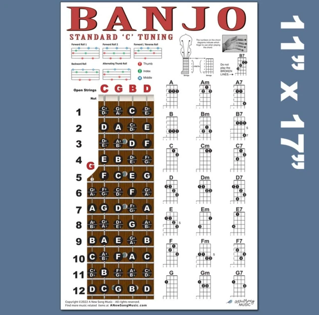 BANJO CHORD WALL Chart Poster Fretboard Standard C Tuning 5 String ...