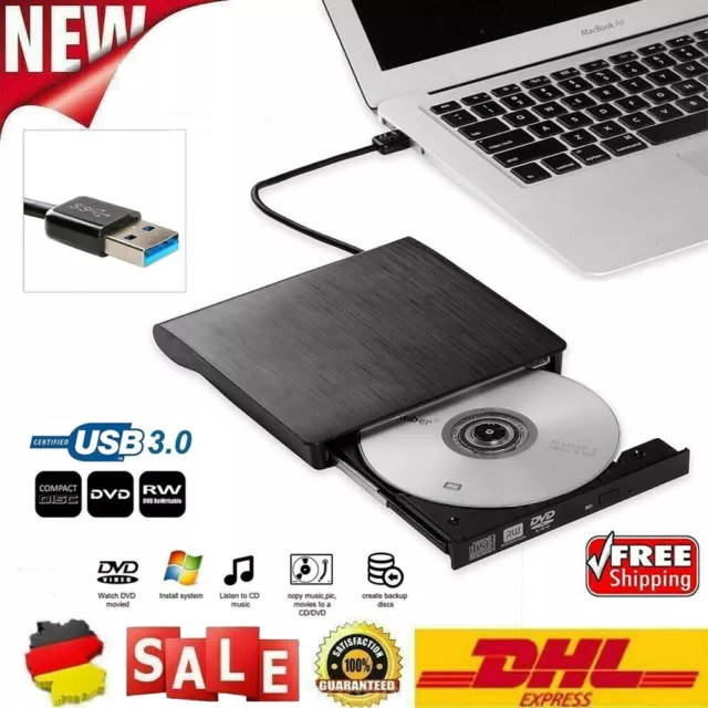 ~Externe USB 3.0 DVD ROM CD Writer Laufwerk Brenner Reader Player,für Laptop PC~