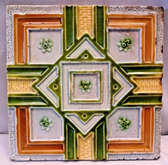 Tile Majolica Japan Vintage Embossed Geometric Design Porcelain Art Nouveau #274