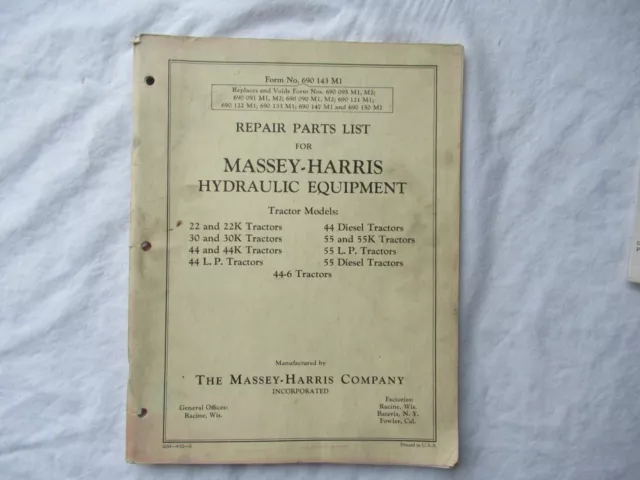 1942 Massey-Harris 22 30 44 55 Tractor Hydraulic Equipment Parts Catalog Manual