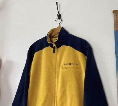 Authentic Vintage Tommy Hilfiger Giallo e Blu Scuro Giacca in Pile