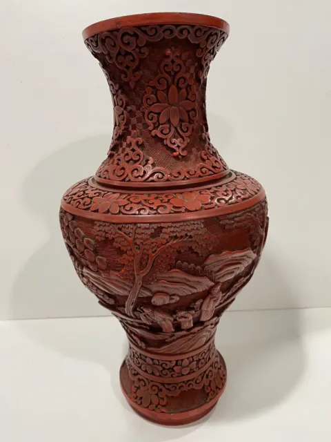 Chinese antique 15" Large Cinnabar Lacquer Red Vase Qing 19th C. Nice condition