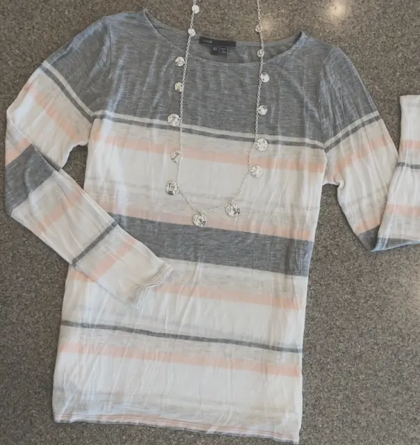 VINCE Gray/Pink Striped Long Sleeve Crew Neck T-Shirt Knit Top Sz XS
