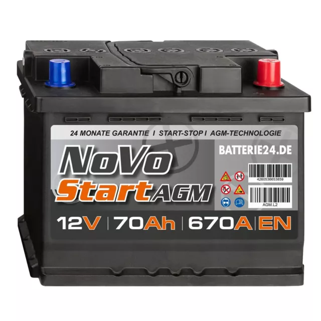 Autobatterie Start-Stop 12V 70Ah 670A EN Novo AGM Starterbatterie Wartungsfrei