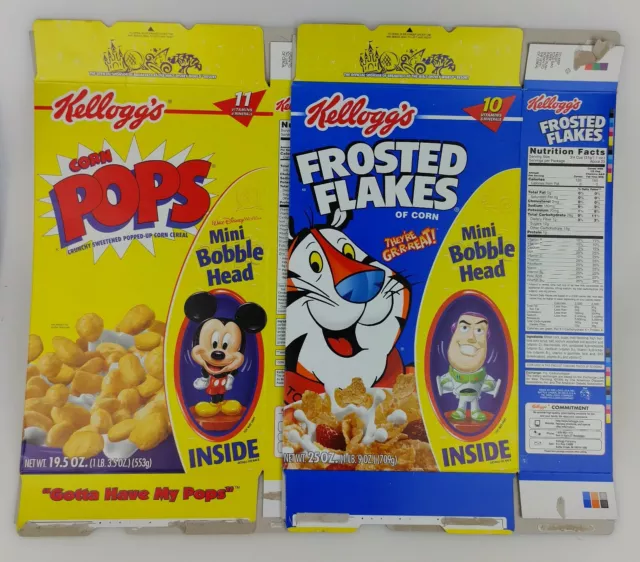 2x Lot Cereal Box Flat Kellogg's Mini Bobble Head Frosted Flakes Corn Pops 2002