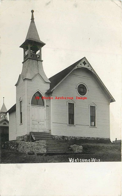WI, Welcome, Wisconsin, RPPC, Church Building, 1908 PM, AJ Kingsbury Photo