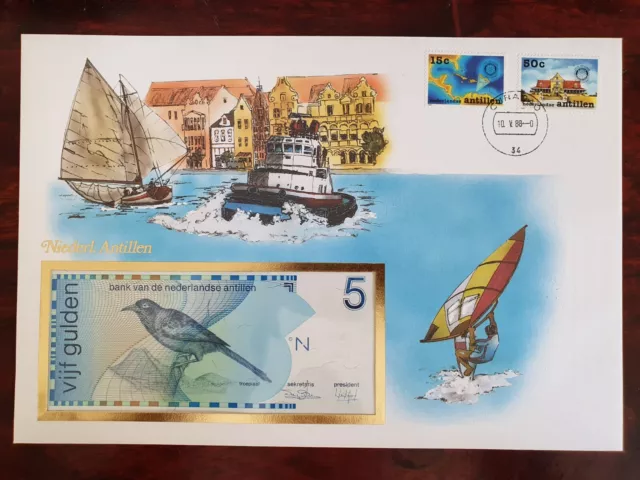 Banknotenbrief Niederländische Antillen 5 Gulden unc. 1986 Banknote Kassenfrisch