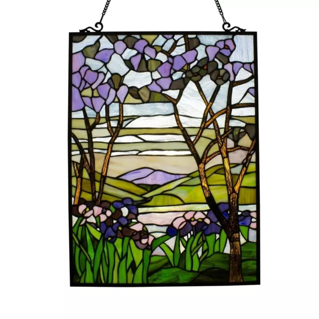 25" Tiffany Style Floral Tree Design Stained Glass Hanging Window Panel