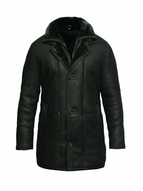 Uomo Originale pelle di Pecora Spesso Lana Merino Fodera 3/4 Cappotto Lungo