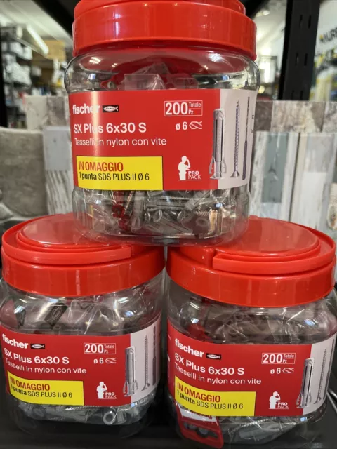 FISCHER 3 Barattoli Di  200 tasselli Fischer SX Plus 6x30 S e punta In Omaggio